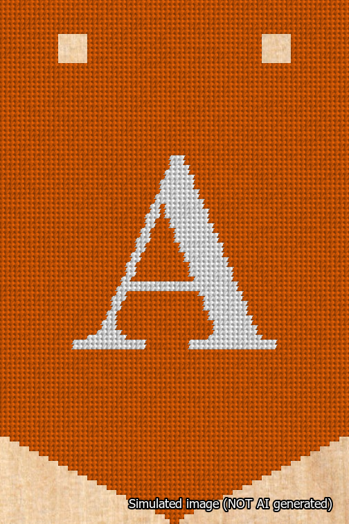 A simulated image of the stitched needlepoint design: Banner 18m Pointed A White on Orange. Not A.I. generated.