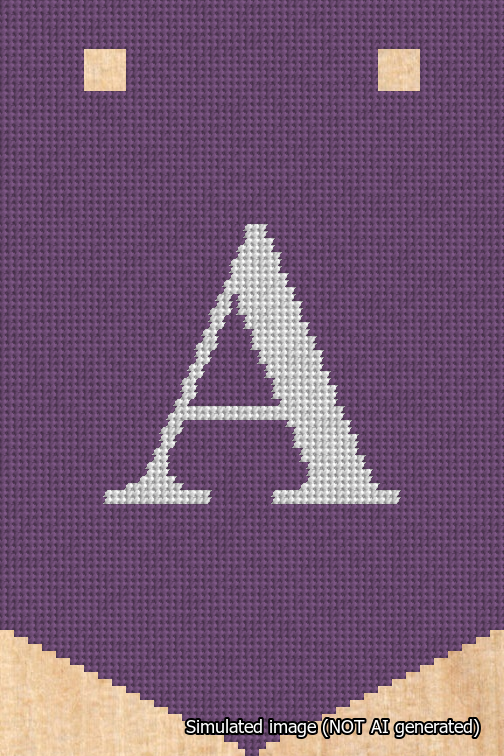 A simulated image of the stitched needlepoint design: Banner 18m Pointed A White on Purple. Not A.I. generated.