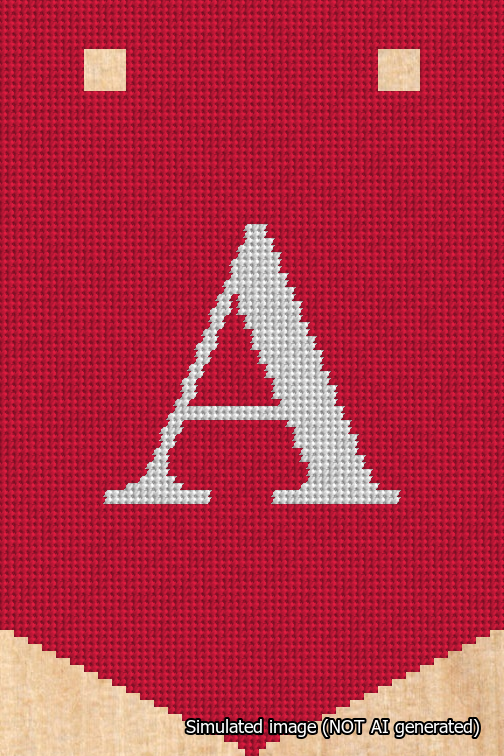 A simulated image of the stitched needlepoint design: Banner 18m Pointed A White on Red. Not A.I. generated.