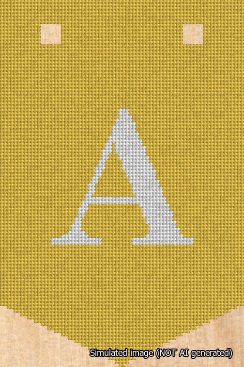 A simulated image of the stitched needlepoint design: Banner 18m Pointed A White on Yellow. Not A.I. generated.