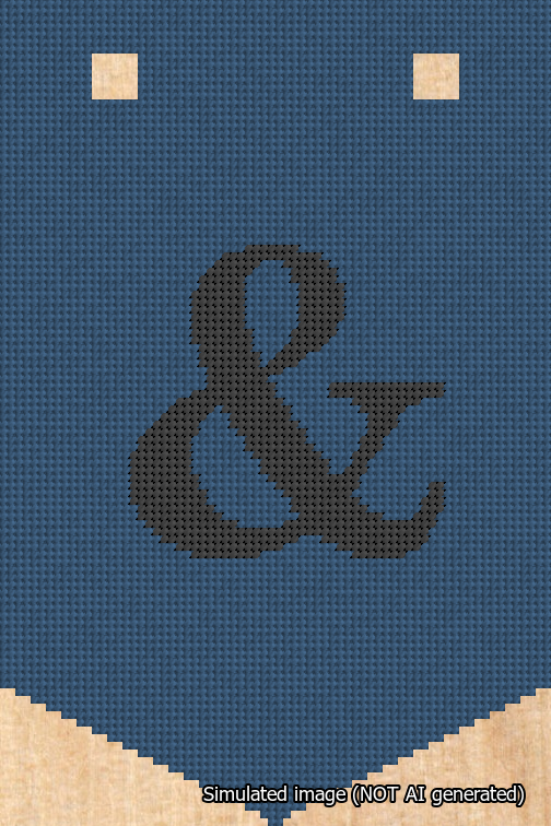 A simulated image of the stitched needlepoint design: Banner 18m Pointed Ampersand Black on Blue. Not A.I. generated.