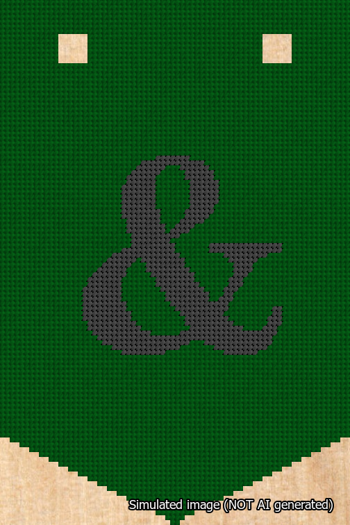 A simulated image of the stitched needlepoint design: Banner 18m Pointed Ampersand Black on Green. Not A.I. generated.