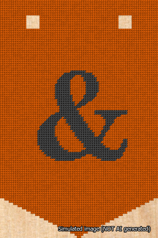 A simulated image of the stitched needlepoint design: Banner 18m Pointed Ampersand Black on Orange. Not A.I. generated.