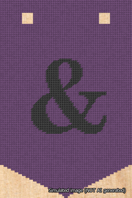 A simulated image of the stitched needlepoint design: Banner 18m Pointed Ampersand Black on Purple. Not A.I. generated.
