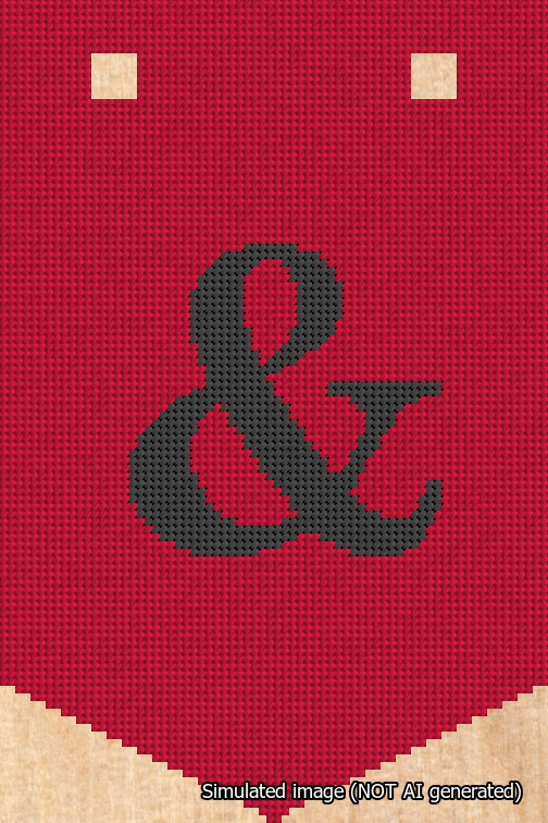 A simulated image of the stitched needlepoint design: Banner 18m Pointed Ampersand Black on Red. Not A.I. generated.