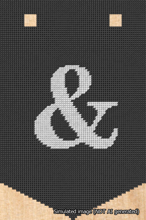 A simulated image of the stitched needlepoint design: Banner 18m Pointed Ampersand White on Black. Not A.I. generated.