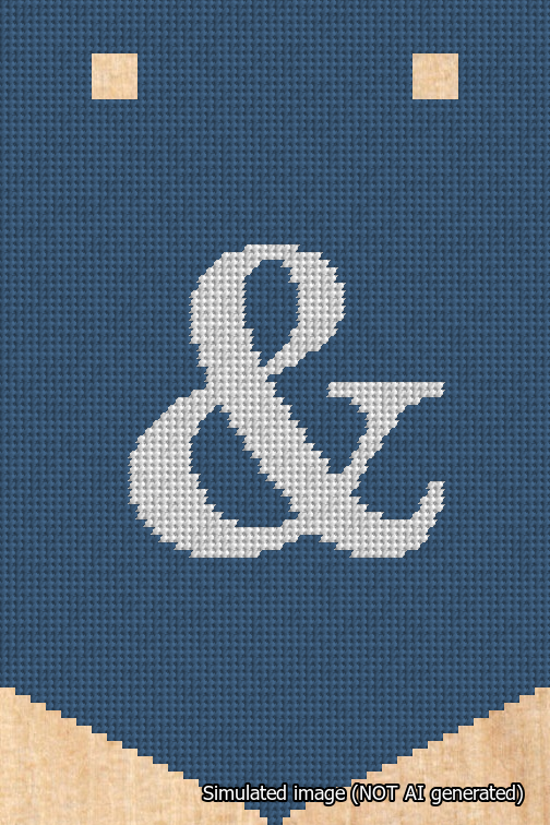 A simulated image of the stitched needlepoint design: Banner 18m Pointed Ampersand White on Blue. Not A.I. generated.