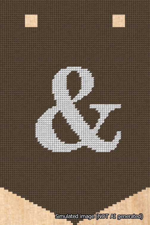 A simulated image of the stitched needlepoint design: Banner 18m Pointed Ampersand White on Brown. Not A.I. generated.