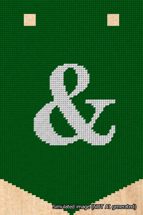 A simulated image of the stitched needlepoint design: Banner 18m Pointed Ampersand White on Green. Not A.I. generated.