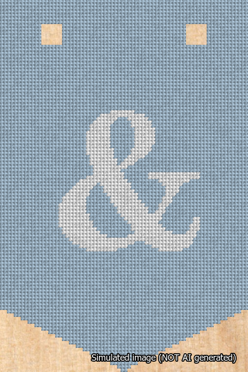 A simulated image of the stitched needlepoint design: Banner 18m Pointed Ampersand White on Light Blue. Not A.I. generated.