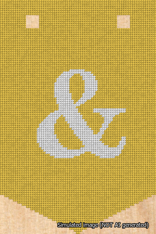 A simulated image of the stitched needlepoint design: Banner 18m Pointed Ampersand White on Yellow. Not A.I. generated.