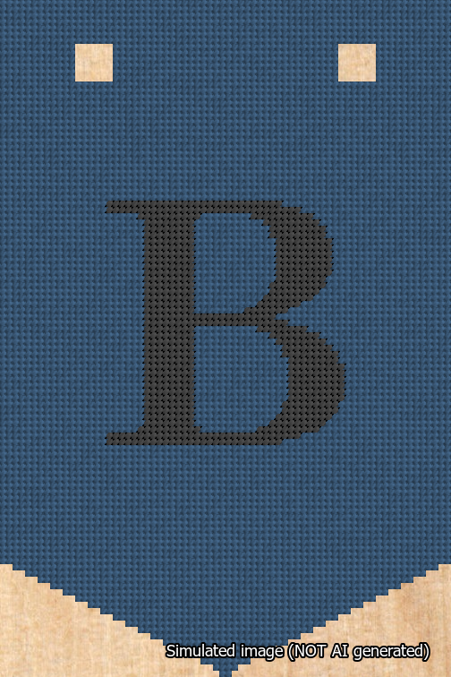A simulated image of the stitched needlepoint design: Banner 18m Pointed B Black on Blue. Not A.I. generated.