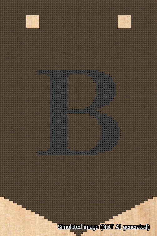 A simulated image of the stitched needlepoint design: Banner 18m Pointed B Black on Brown. Not A.I. generated.