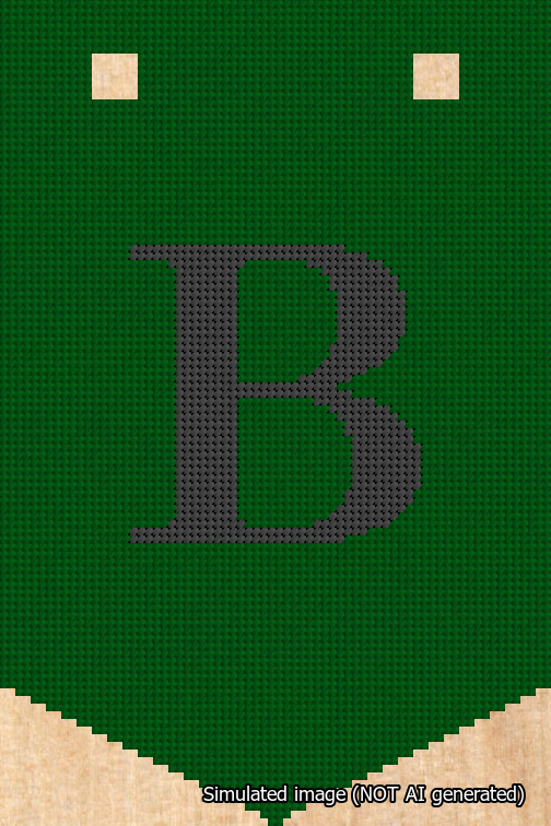 A simulated image of the stitched needlepoint design: Banner 18m Pointed B Black on Green. Not A.I. generated.