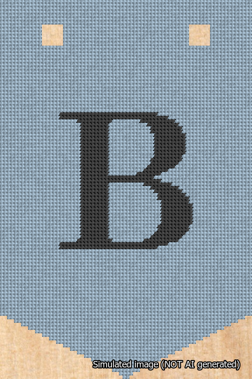 A simulated image of the stitched needlepoint design: Banner 18m Pointed B Black on Light Blue. Not A.I. generated.