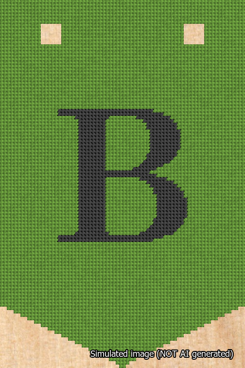 A simulated image of the stitched needlepoint design: Banner 18m Pointed B Black on Light Green. Not A.I. generated.