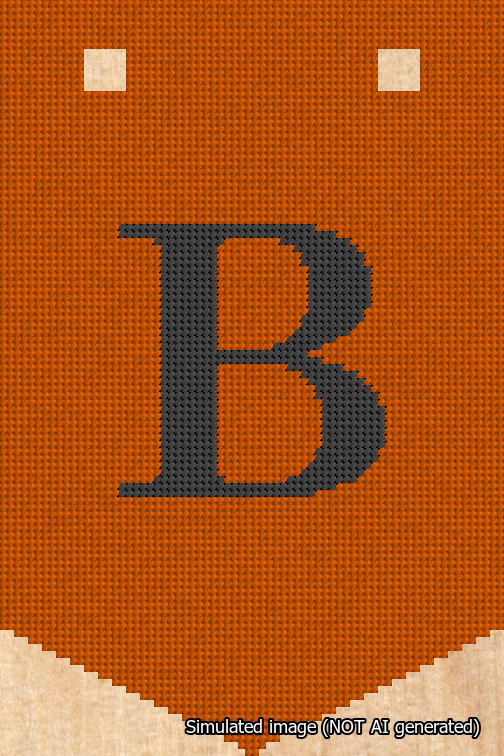 A simulated image of the stitched needlepoint design: Banner 18m Pointed B Black on Orange. Not A.I. generated.