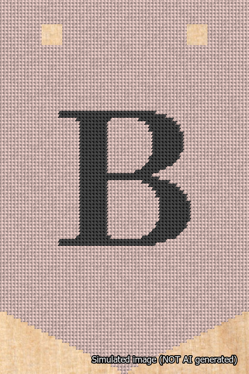 A simulated image of the stitched needlepoint design: Banner 18m Pointed B Black on Pink. Not A.I. generated.