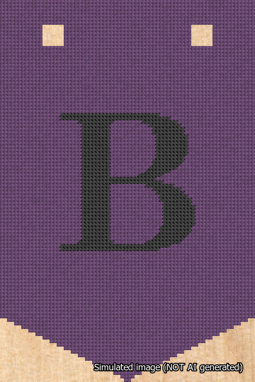 A simulated image of the stitched needlepoint design: Banner 18m Pointed B Black on Purple. Not A.I. generated.
