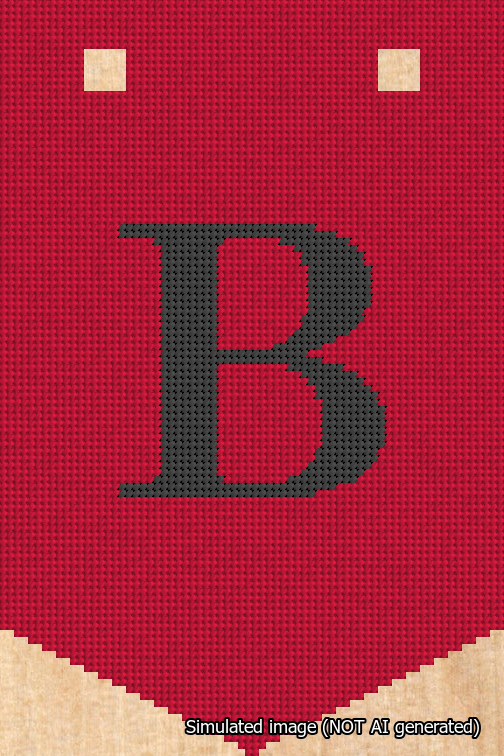 A simulated image of the stitched needlepoint design: Banner 18m Pointed B Black on Red. Not A.I. generated.