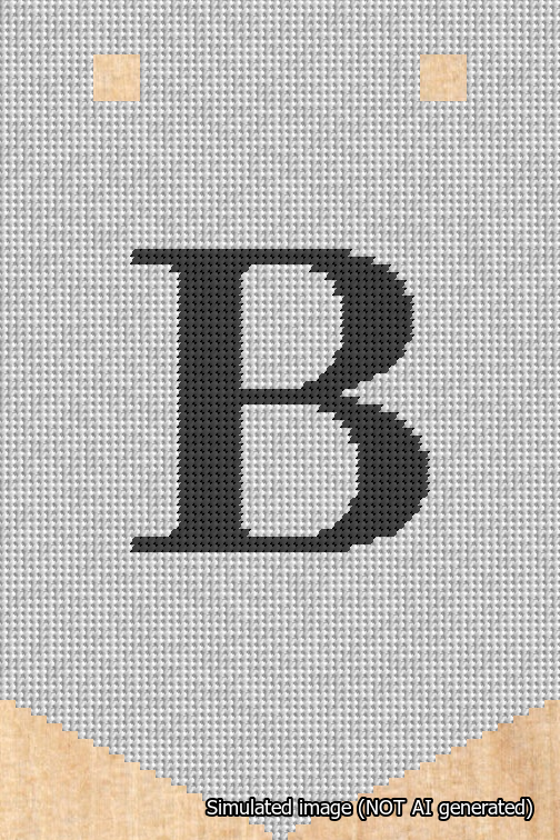 A simulated image of the stitched needlepoint design: Banner 18m Pointed B Black on White. Not A.I. generated.