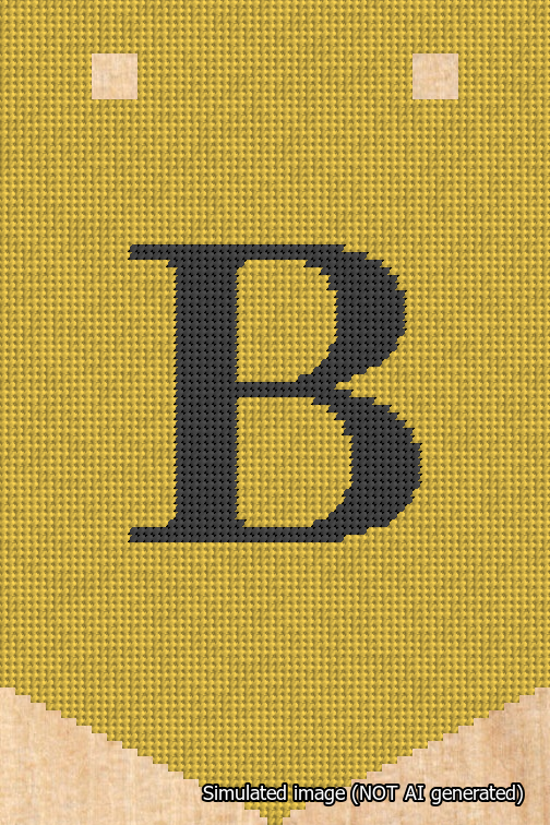 A simulated image of the stitched needlepoint design: Banner 18m Pointed B Black on Yellow. Not A.I. generated.