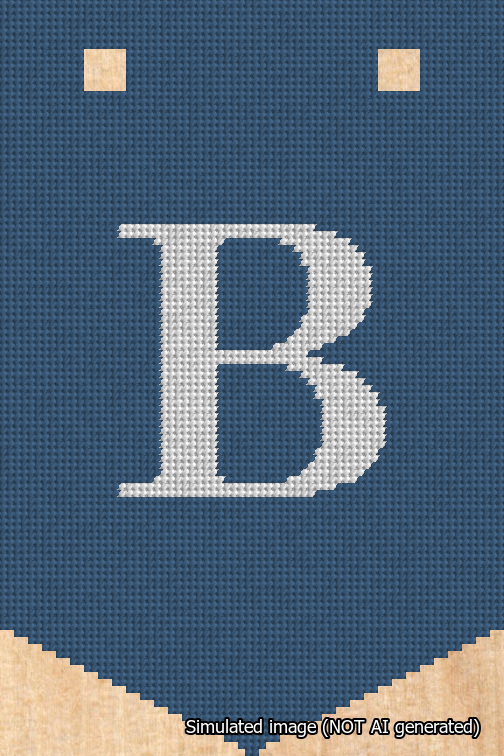 A simulated image of the stitched needlepoint design: Banner 18m Pointed B White on Blue. Not A.I. generated.