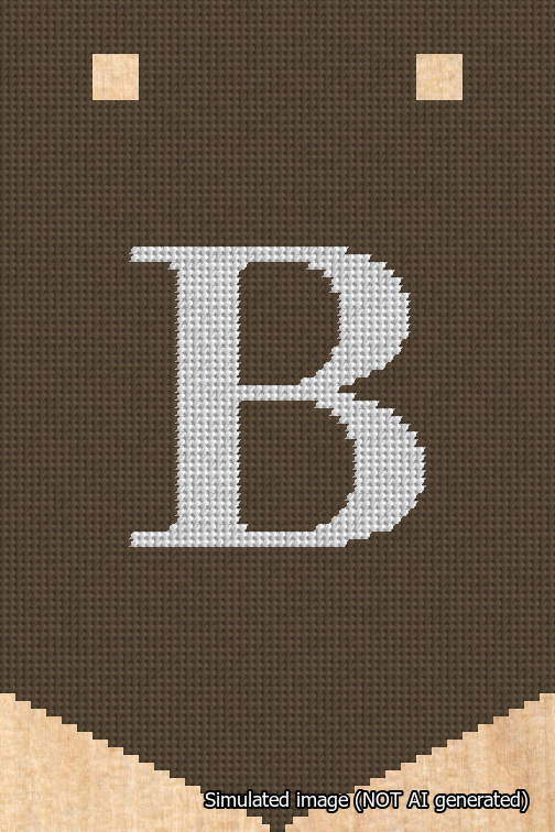 A simulated image of the stitched needlepoint design: Banner 18m Pointed B White on Brown. Not A.I. generated.
