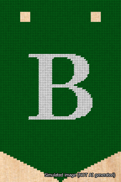 A simulated image of the stitched needlepoint design: Banner 18m Pointed B White on Green. Not A.I. generated.