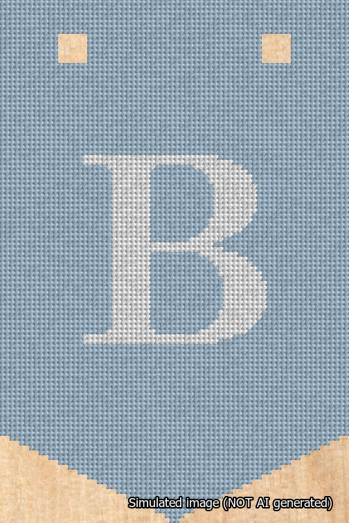 A simulated image of the stitched needlepoint design: Banner 18m Pointed B White on Light Blue. Not A.I. generated.