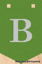 A simulated image of the stitched needlepoint design: Banner 18m Pointed B White on Light Green. Not A.I. generated.