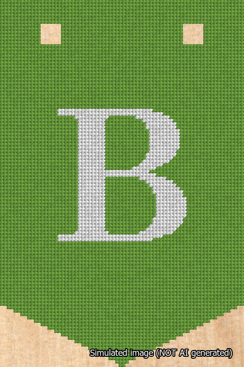 A simulated image of the stitched needlepoint design: Banner 18m Pointed B White on Light Green. Not A.I. generated.