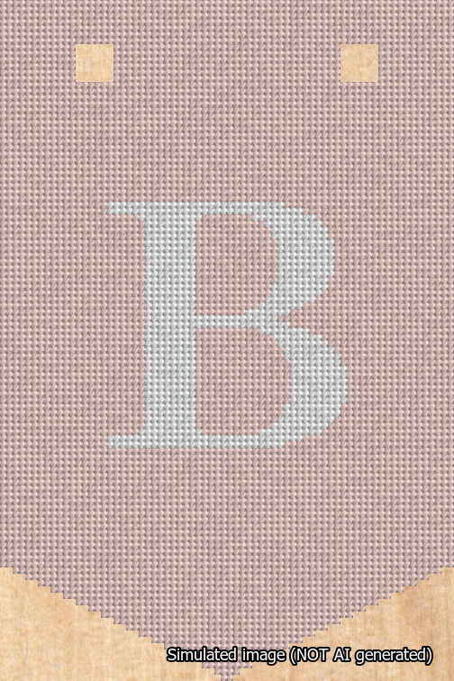 A simulated image of the stitched needlepoint design: Banner 18m Pointed B White on Pink. Not A.I. generated.