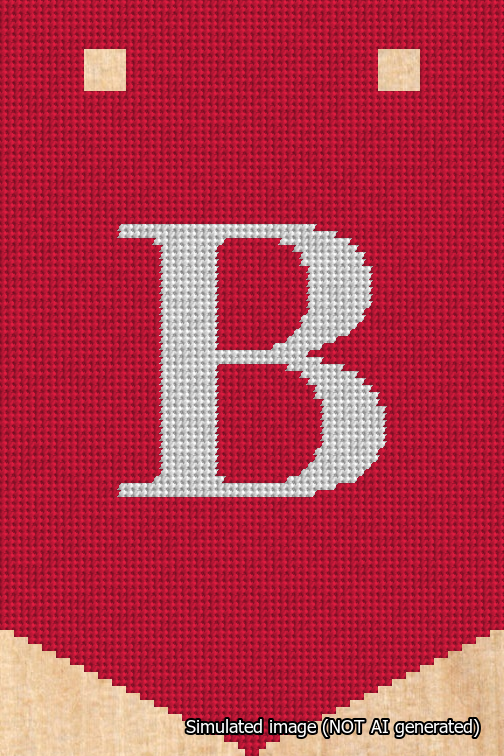 A simulated image of the stitched needlepoint design: Banner 18m Pointed B White on Red. Not A.I. generated.