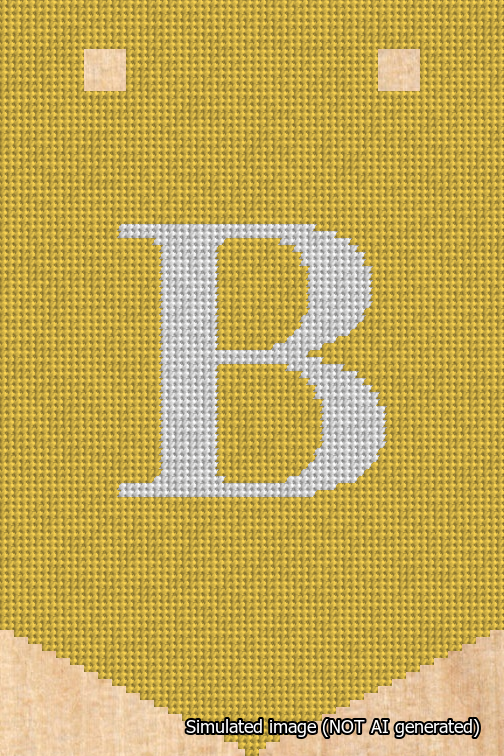 A simulated image of the stitched needlepoint design: Banner 18m Pointed B White on Yellow. Not A.I. generated.