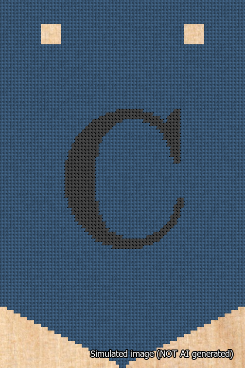 A simulated image of the stitched needlepoint design: Banner 18m Pointed C Black on Blue. Not A.I. generated.
