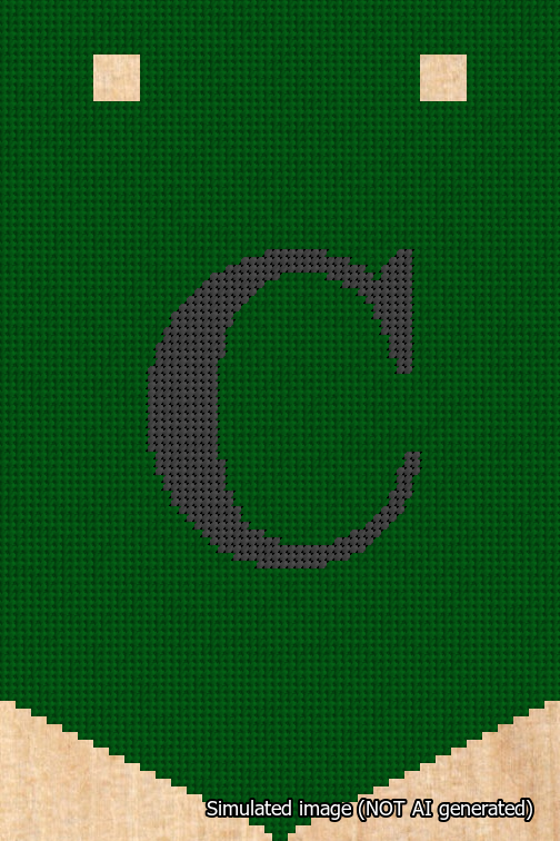 A simulated image of the stitched needlepoint design: Banner 18m Pointed C Black on Green. Not A.I. generated.