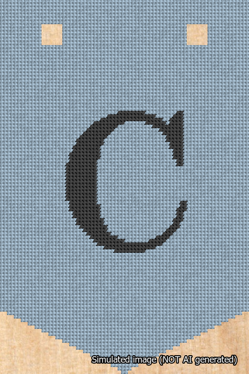 A simulated image of the stitched needlepoint design: Banner 18m Pointed C Black on Light Blue. Not A.I. generated.