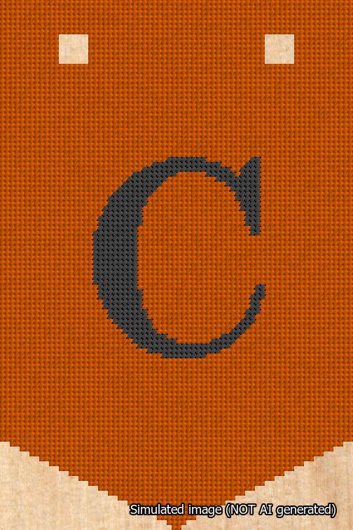 A simulated image of the stitched needlepoint design: Banner 18m Pointed C Black on Orange. Not A.I. generated.