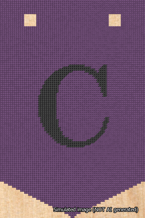 A simulated image of the stitched needlepoint design: Banner 18m Pointed C Black on Purple. Not A.I. generated.