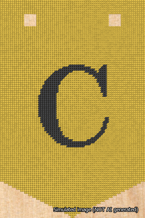 A simulated image of the stitched needlepoint design: Banner 18m Pointed C Black on Yellow. Not A.I. generated.