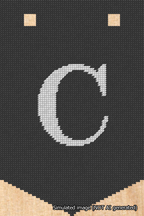 A simulated image of the stitched needlepoint design: Banner 18m Pointed C White on Black. Not A.I. generated.