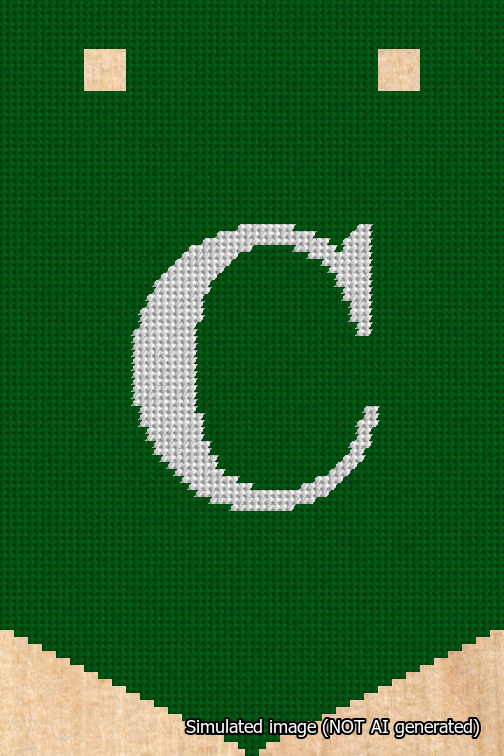A simulated image of the stitched needlepoint design: Banner 18m Pointed C White on Green. Not A.I. generated.
