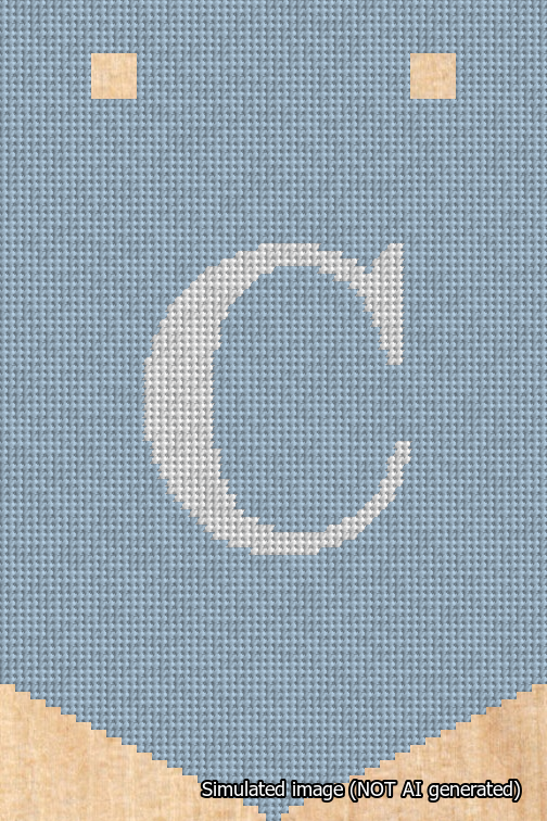 A simulated image of the stitched needlepoint design: Banner 18m Pointed C White on Light Blue. Not A.I. generated.