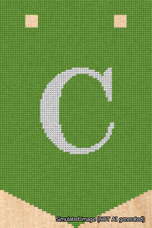 A simulated image of the stitched needlepoint design: Banner 18m Pointed C White on Light Green. Not A.I. generated.