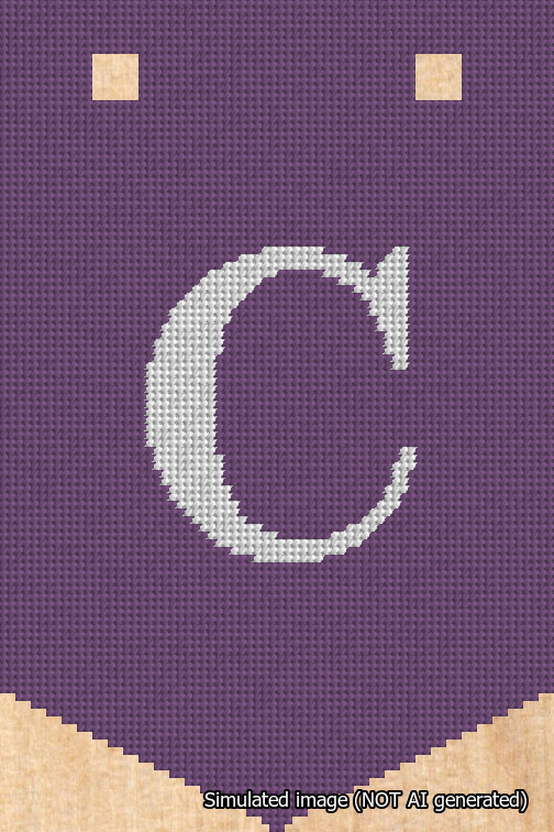 A simulated image of the stitched needlepoint design: Banner 18m Pointed C White on Purple. Not A.I. generated.
