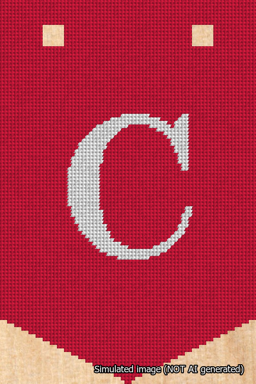A simulated image of the stitched needlepoint design: Banner 18m Pointed C White on Red. Not A.I. generated.