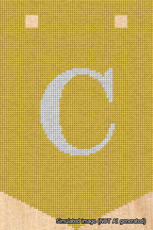A simulated image of the stitched needlepoint design: Banner 18m Pointed C White on Yellow. Not A.I. generated.