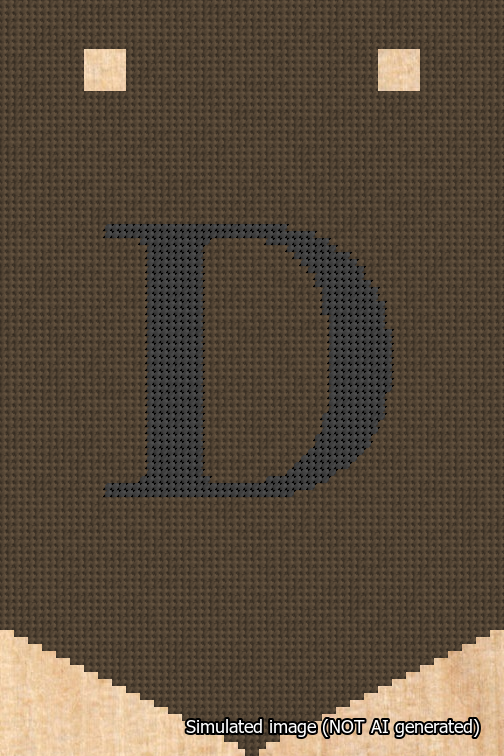 A simulated image of the stitched needlepoint design: Banner 18m Pointed D Black on Brown. Not A.I. generated.