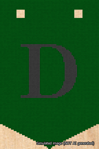 A simulated image of the stitched needlepoint design: Banner 18m Pointed D Black on Green. Not A.I. generated.